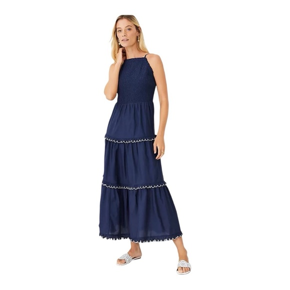 Ann Taylor Navy Smocked Scalloped Tiered Maxi Dress Sleeveless Cotton Blend | M - Picture 3 of 8